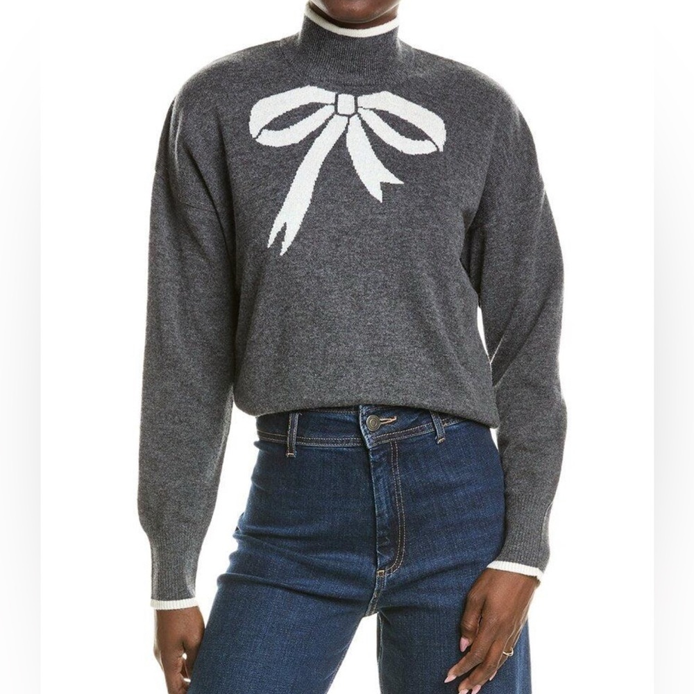 Brodie Cashmere Wool blend Gray Lurex Bow Mock Neck Sweater size M